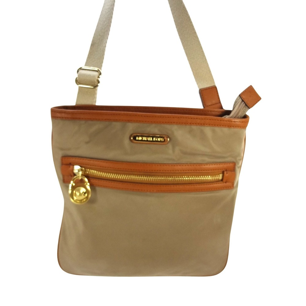 Michael Kors Tan Nylon Crossbody Bag Brown Leather‎ Trim Gold Hardware MK Lock